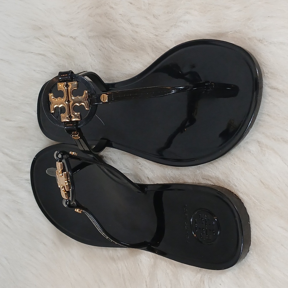 Tory Burch  Mini Miller Flat Jelly Black Sandals with Gold Emblem Sz 8 M - Picture 4 of 9